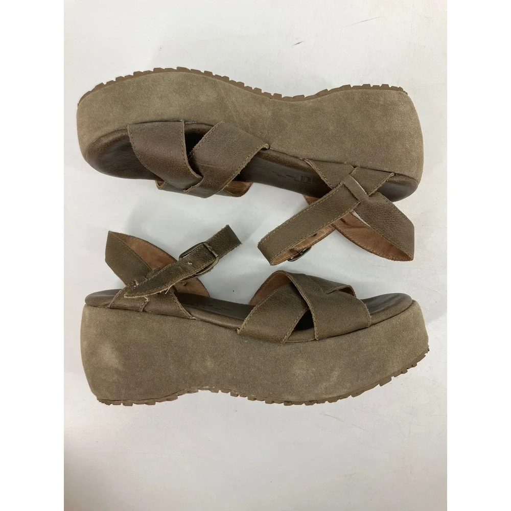 Gee Wawa Platform Wedge Sandals Womens 8.5 Olive Brown Leather Suede